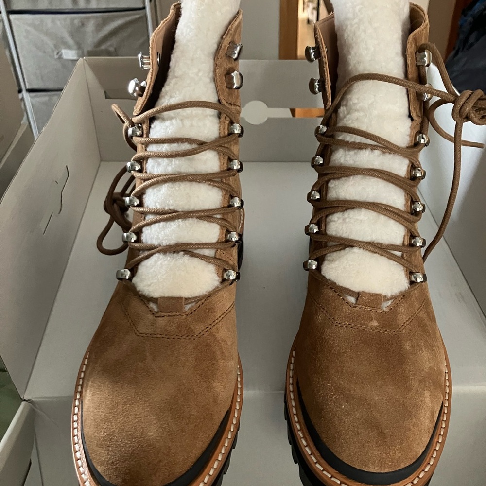 NIB $259 Marc Fisher Izzie suede leather & sheepskin trim lace up boots Lug sole - Picture 14 of 16